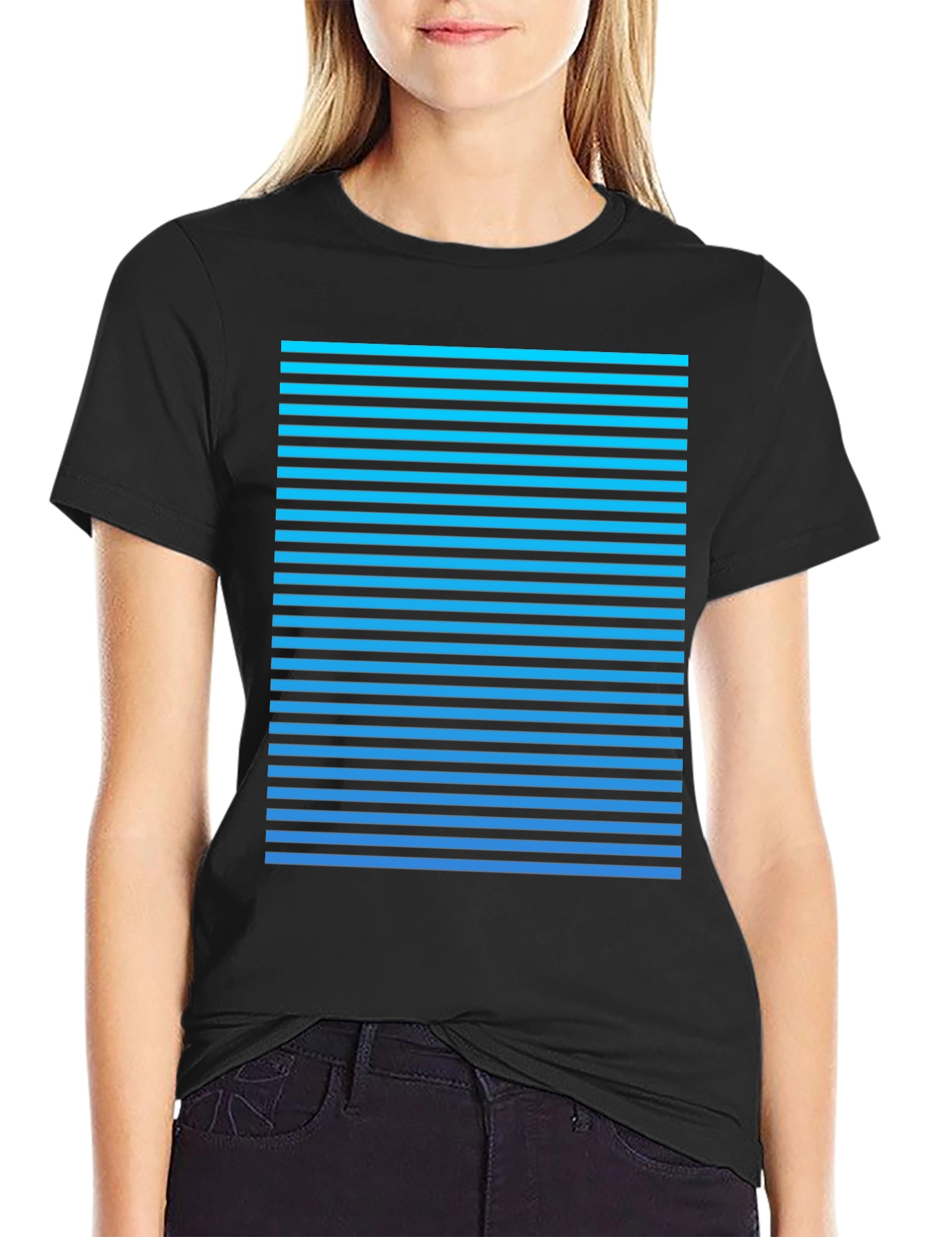 Retro Stripe Tee - Black with Cyan Horizontal Lines