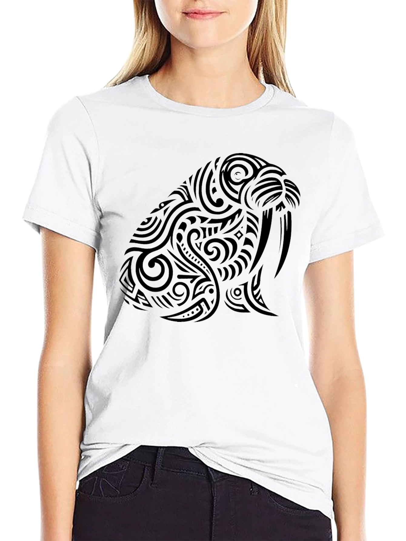Tribal Walrus Graphic Tee - Black Cotton T-Shirt