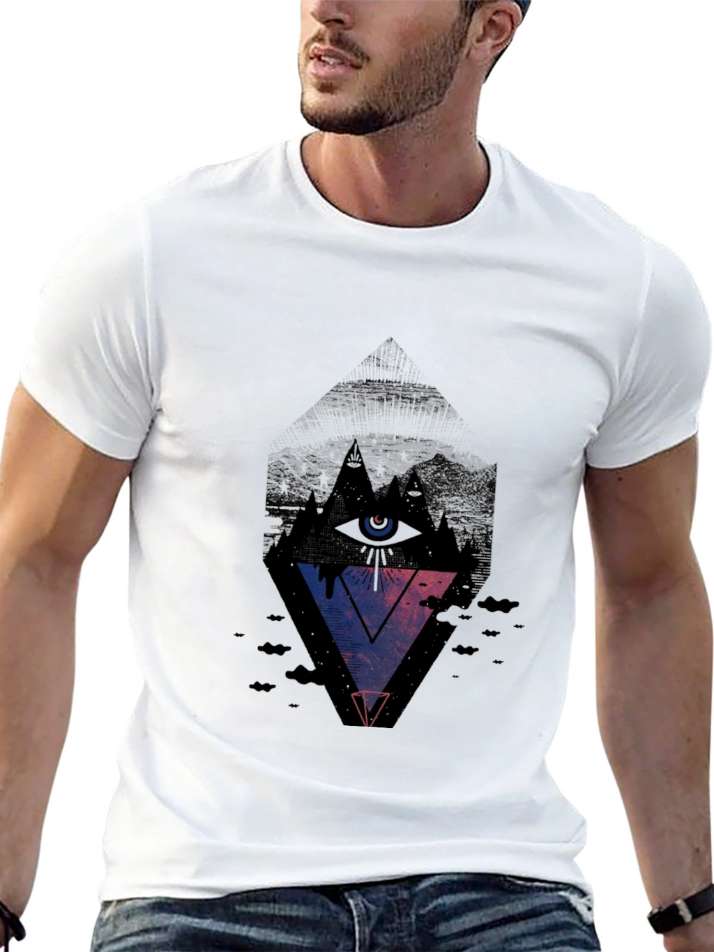 Mens Black Graphic Tee - Eye Pyramid Design