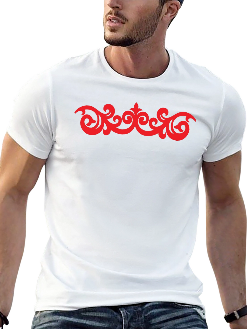 Stylish Black T-Shirt with Red Ornamental Design