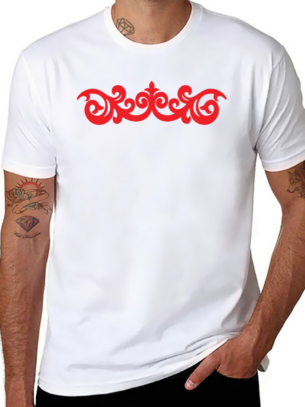 Stylish Black T-Shirt with Red Ornamental Design