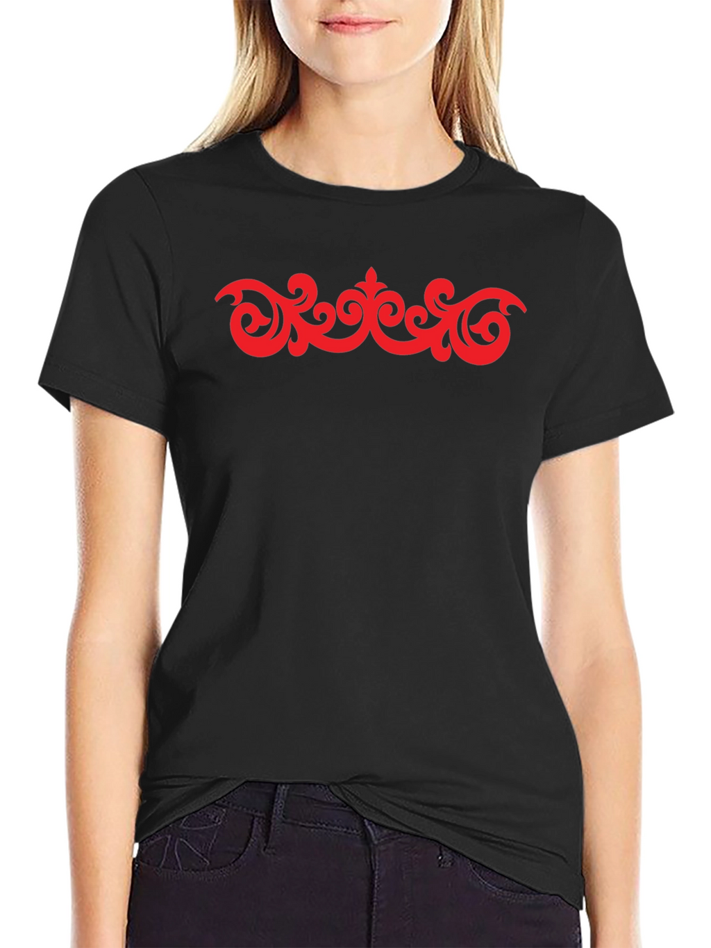 Stylish Black T-Shirt with Red Ornamental Design
