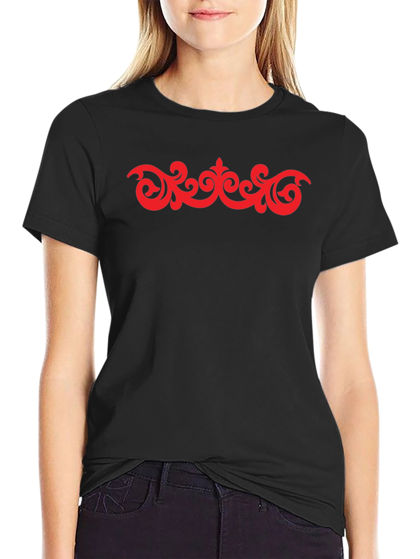 Stylish Black T-Shirt with Red Ornamental Design