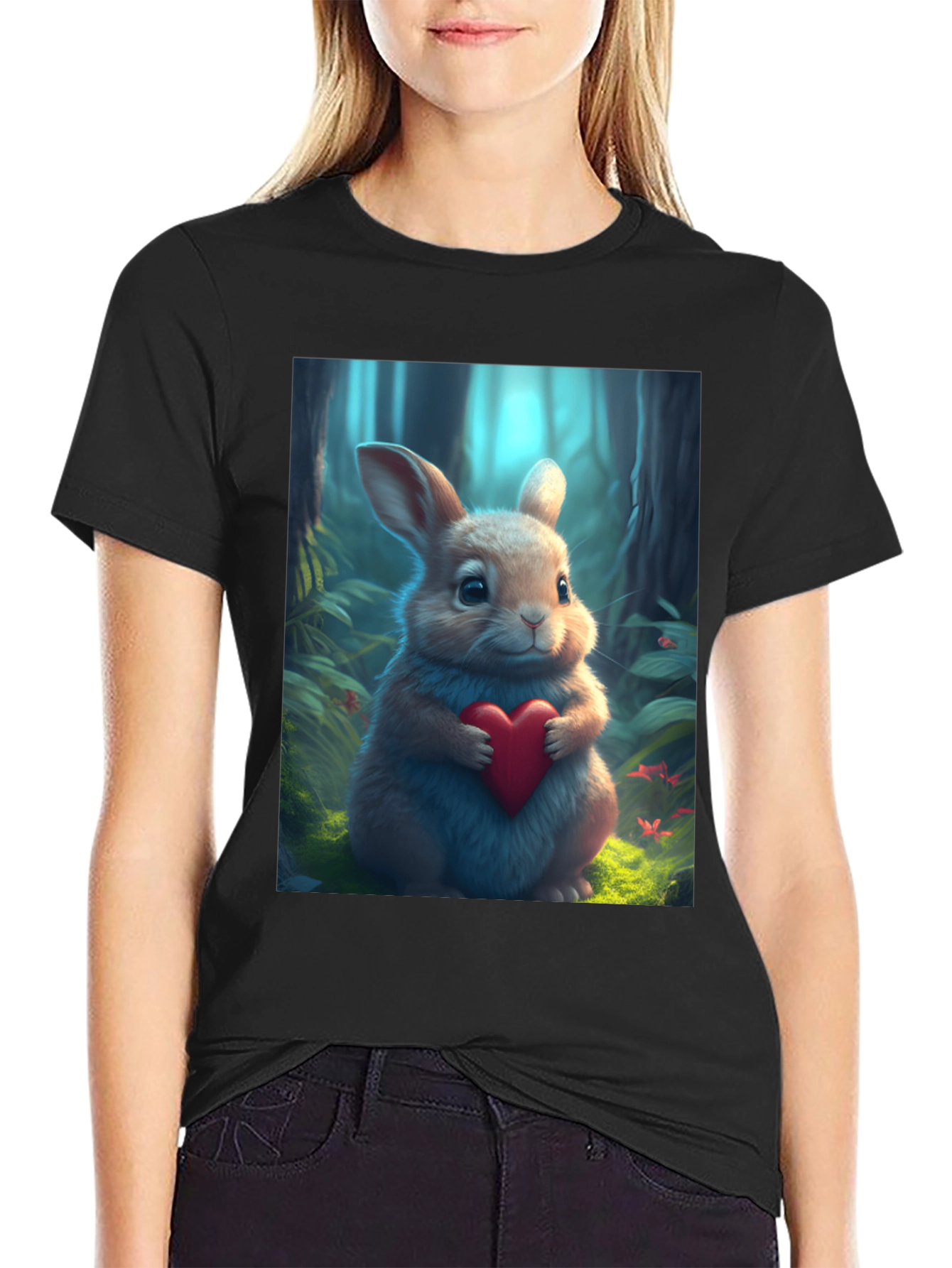 Cute Bunny Heart Graphic Tee - Soft Black Cotton Blend