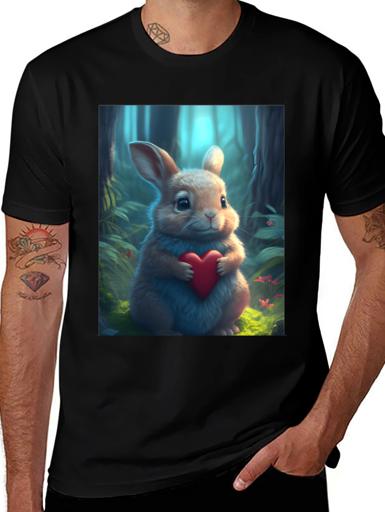 Cute Bunny Heart Graphic Tee - Soft Black Cotton Blend