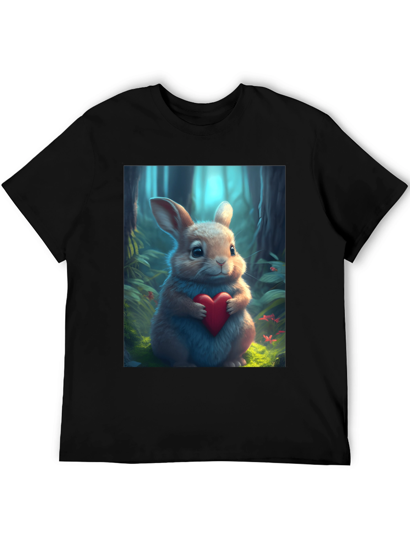 Cute Bunny Heart Graphic Tee - Soft Black Cotton Blend