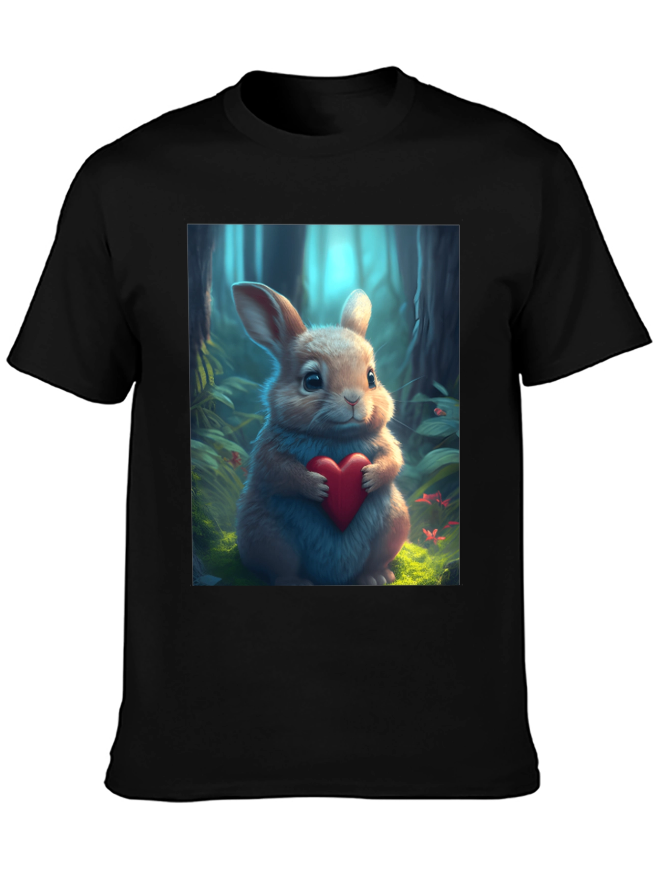 Cute Bunny Heart Graphic Tee - Soft Black Cotton Blend