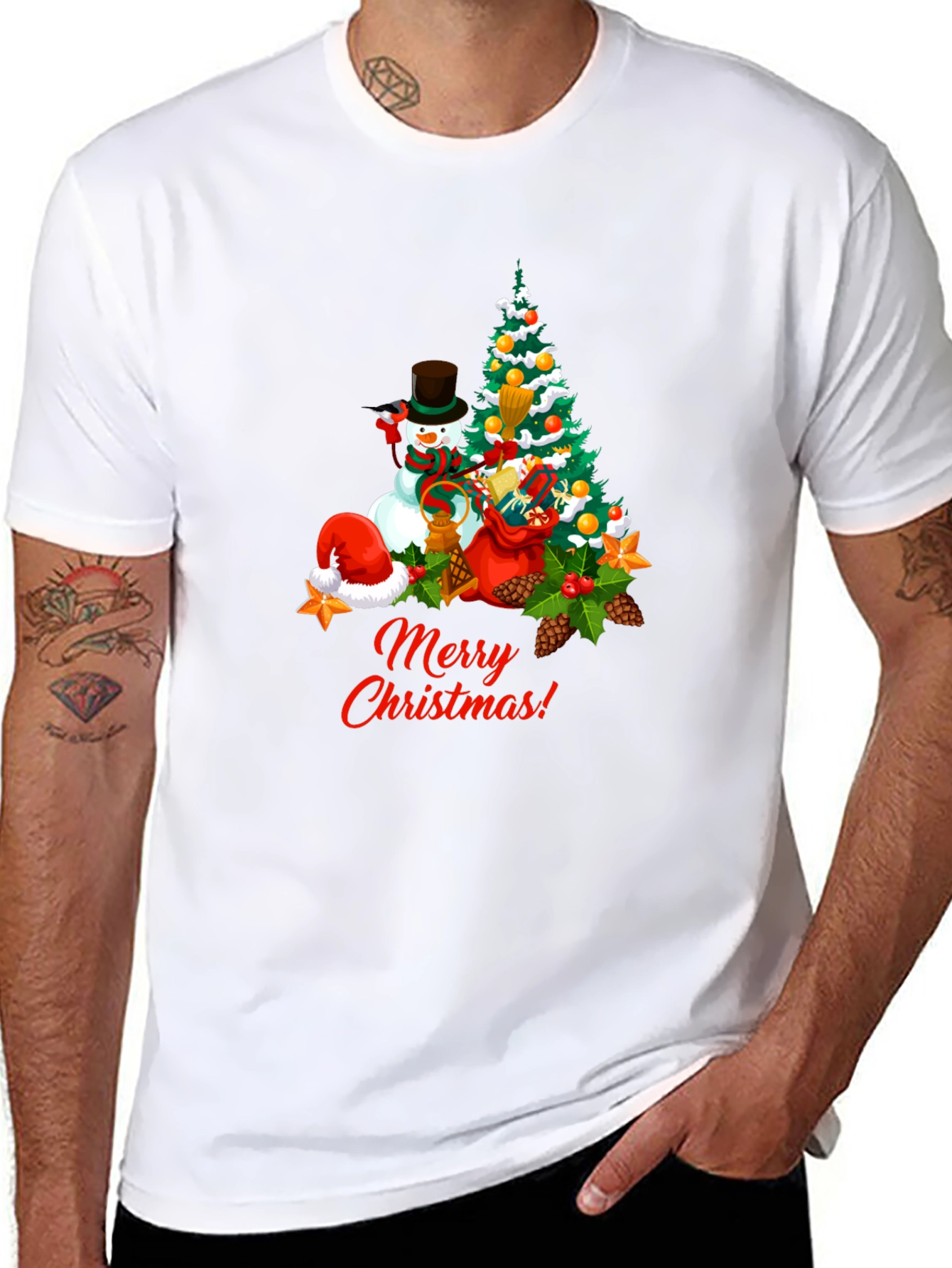 Festive Christmas T-Shirt: Snowman & Tree Design