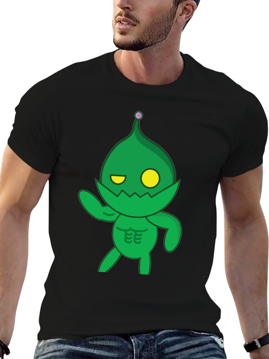 Green Cartoon Monster Black T-Shirt