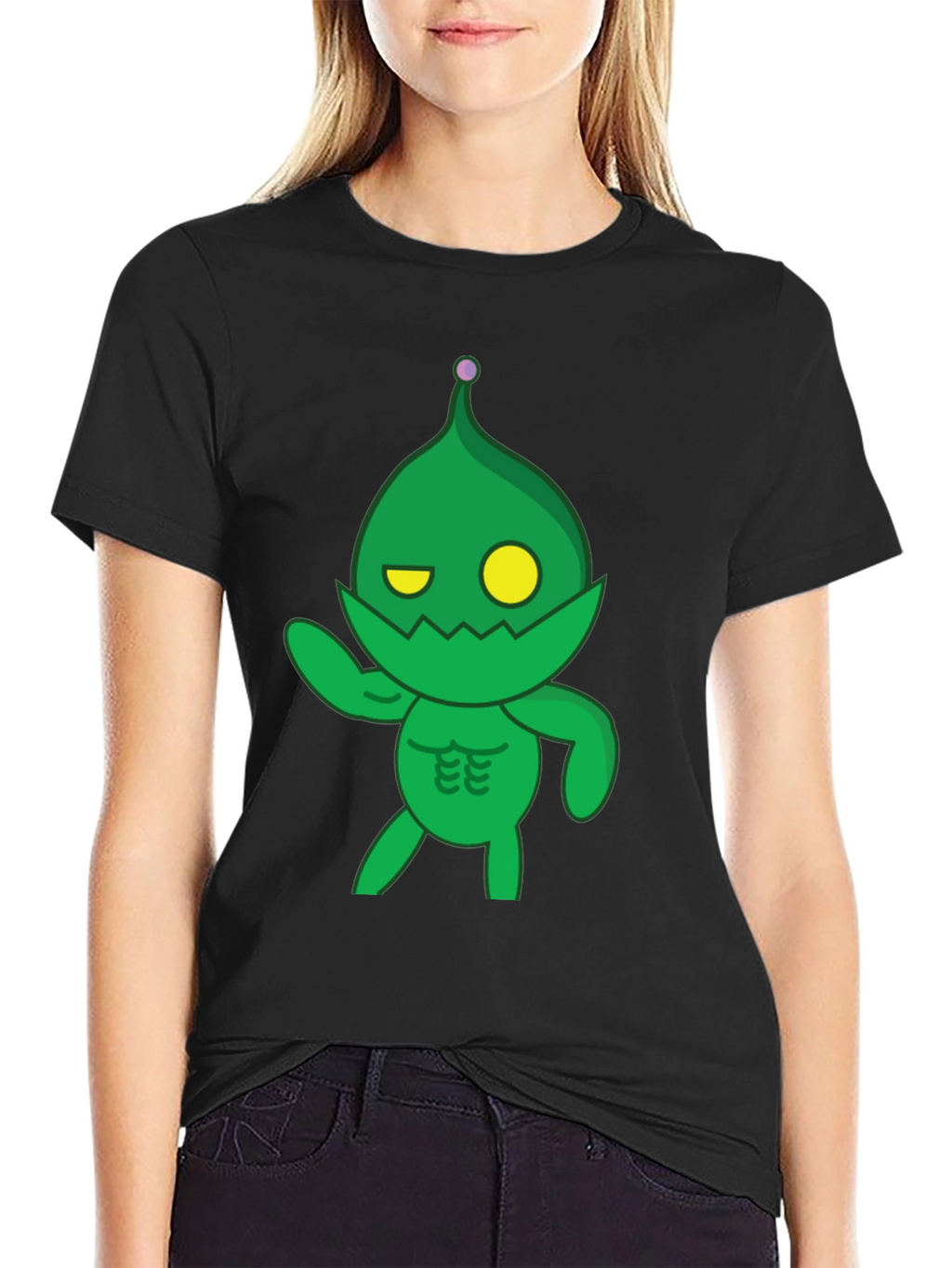 Green Cartoon Monster Black T-Shirt