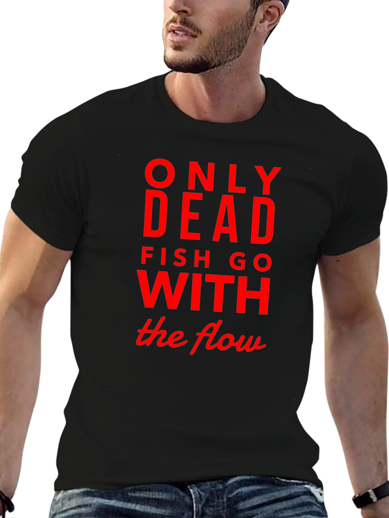 Only Dead Fish Go with The Flow Black Tee