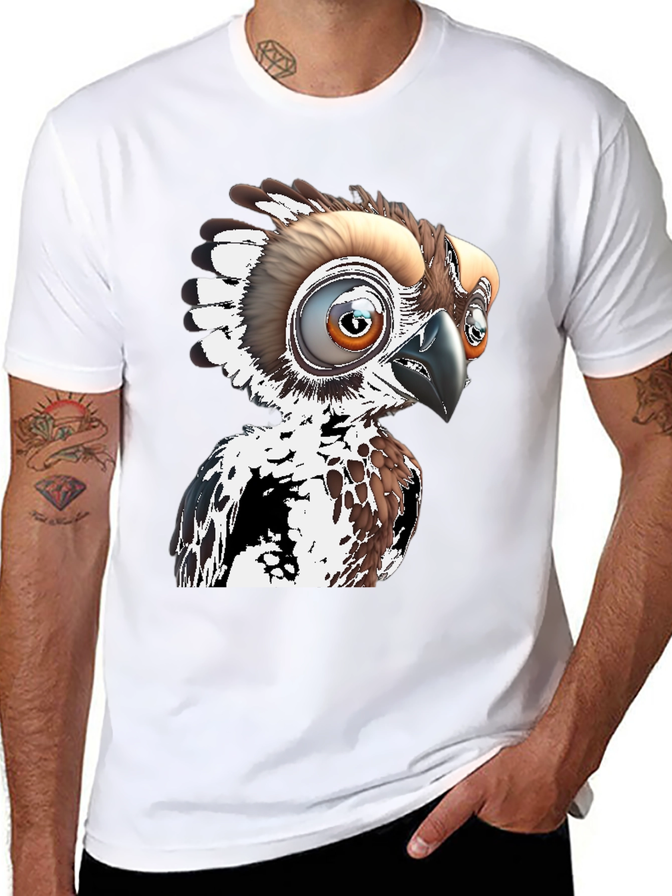 Cartoon Bird Graphic Tee - Black Cotton T-Shirt