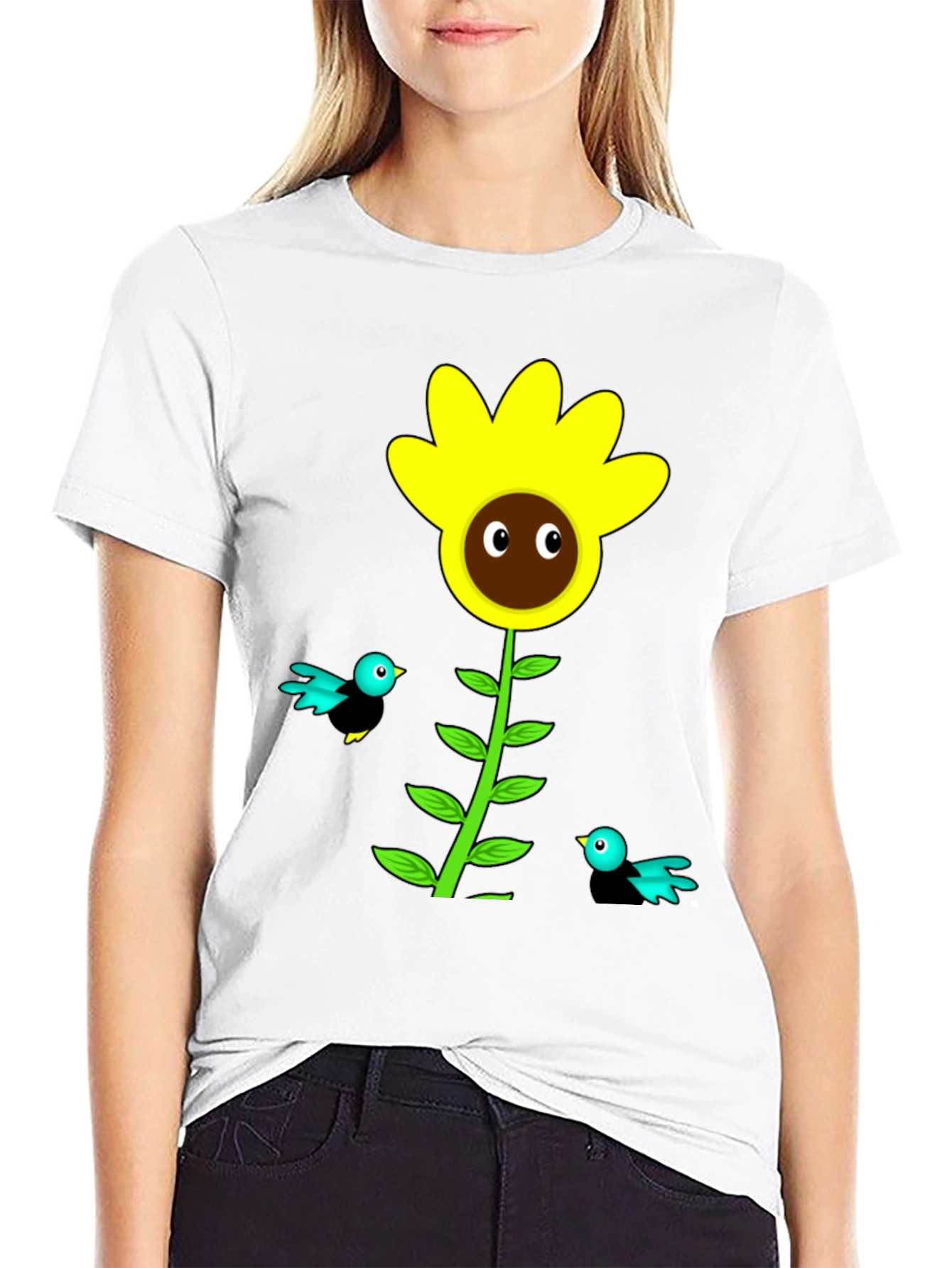 Sunflower & Bird Graphic Tee - Black