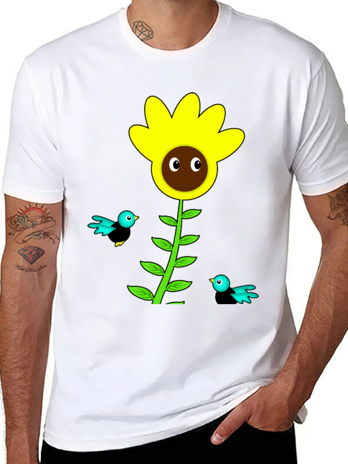Sunflower & Bird Graphic Tee - Black