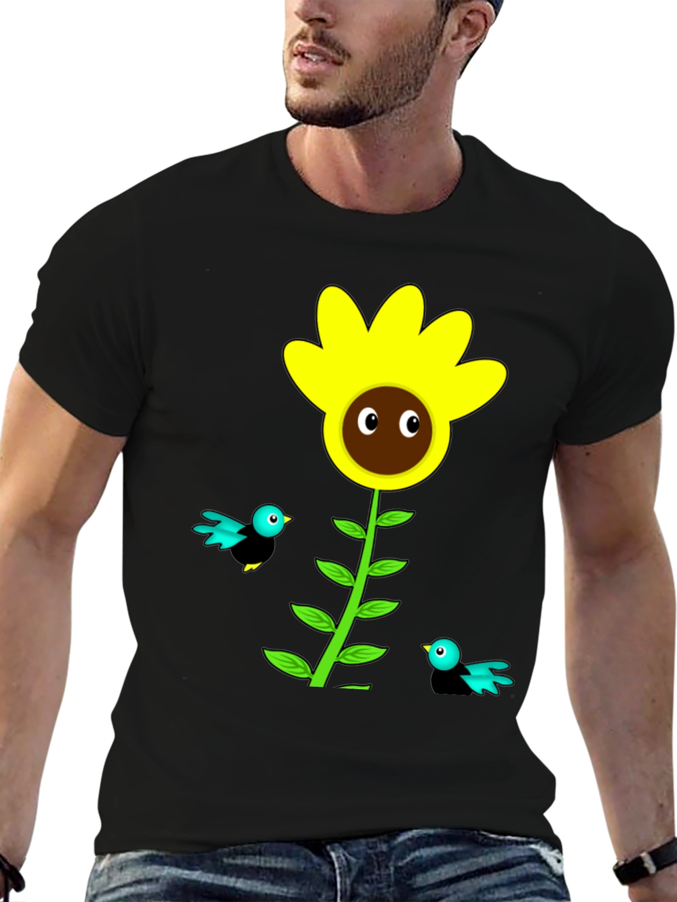 Sunflower & Bird Graphic Tee - Black