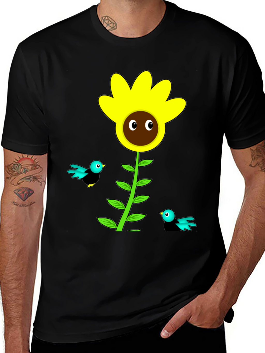 Sunflower & Bird Graphic Tee - Black