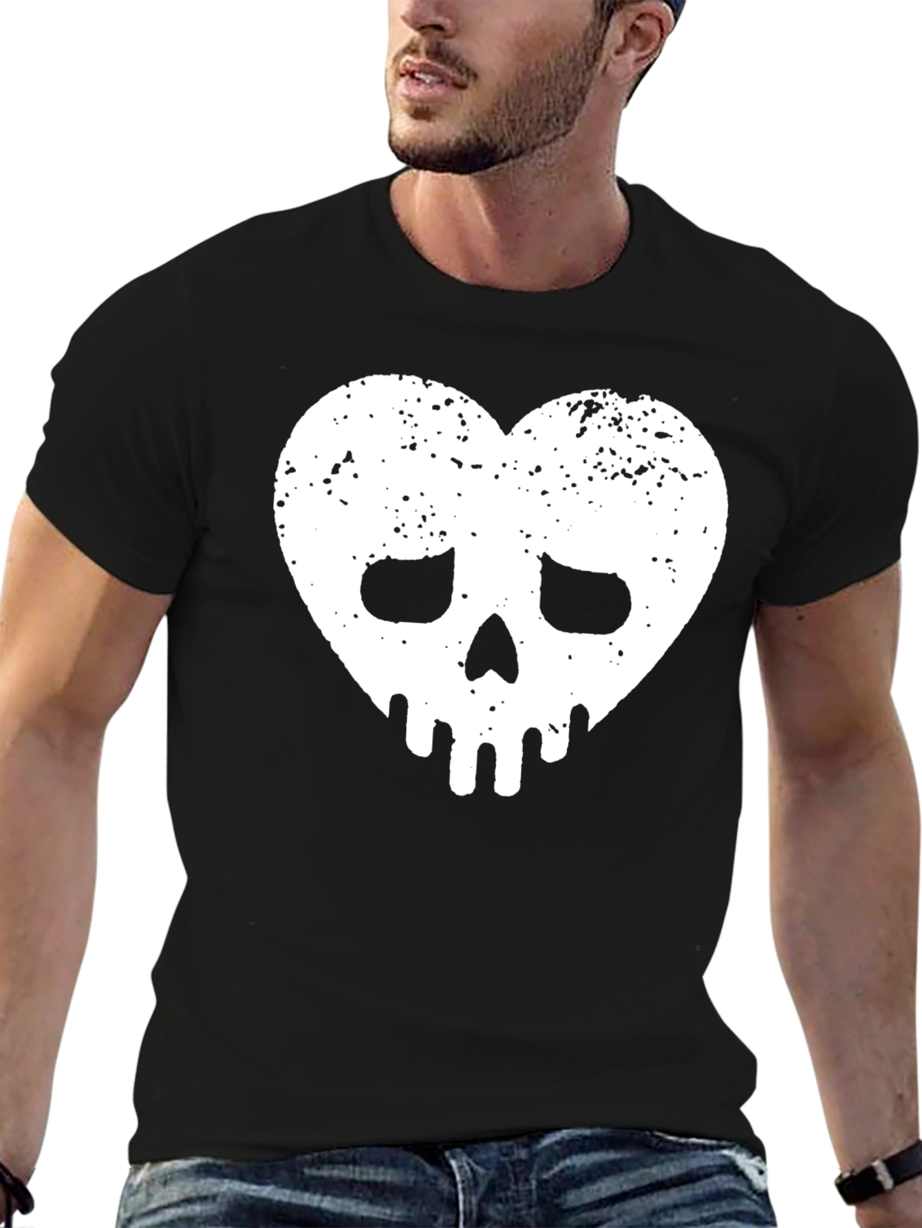 Heart Skull Graphic Tee - Black Cotton Casual Shirt