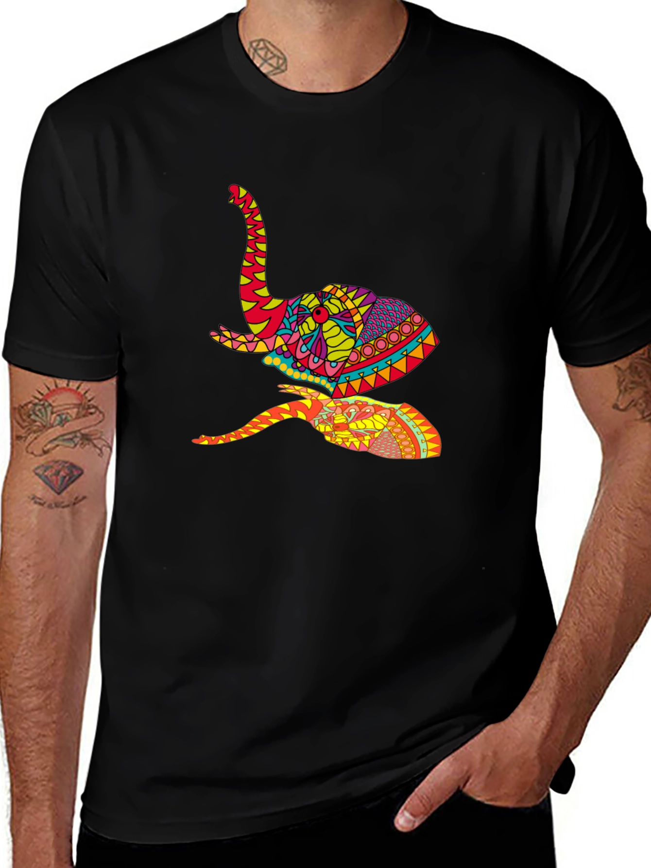 Vibrant Elephant Graphic Tee - Artistic Design Black