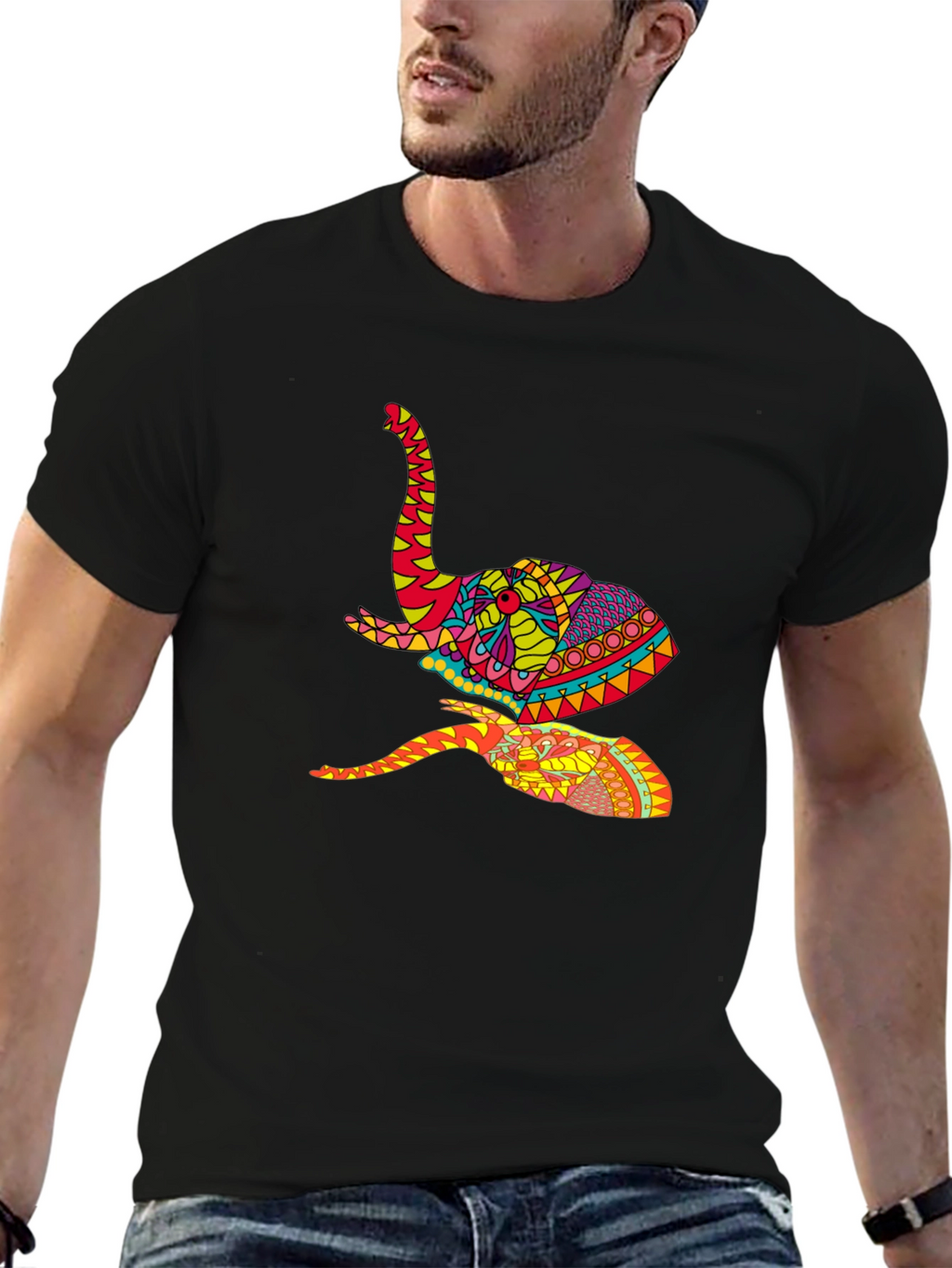Vibrant Elephant Graphic Tee - Artistic Design Black