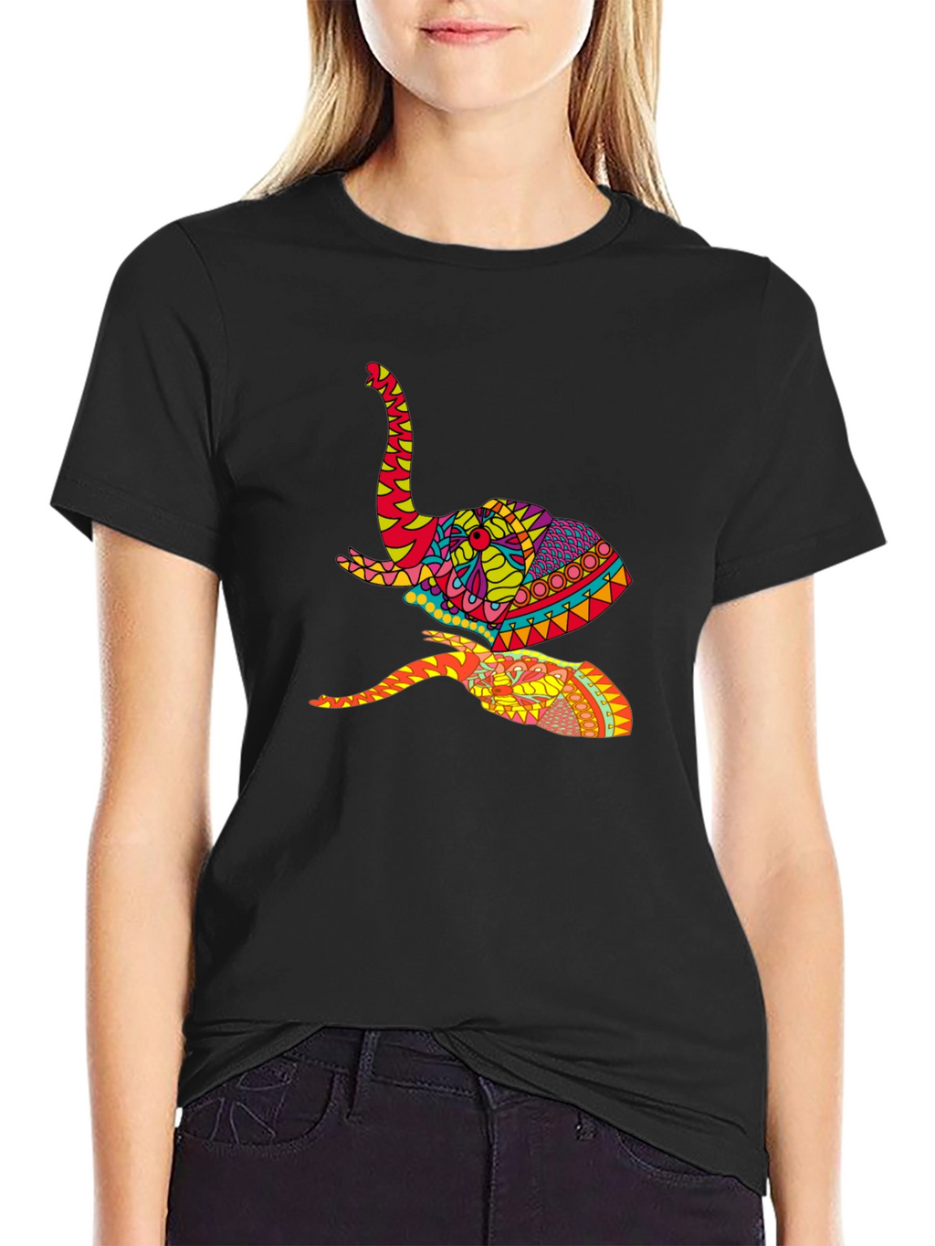 Vibrant Elephant Graphic Tee - Artistic Design Black