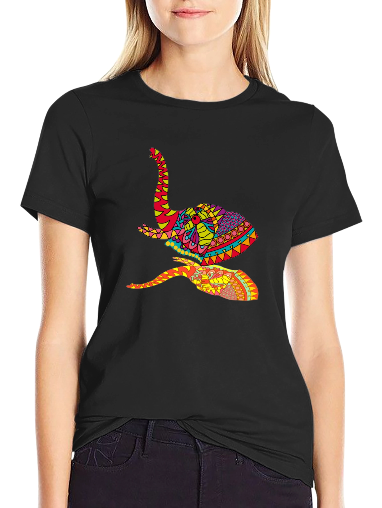 Vibrant Elephant Graphic Tee - Artistic Design Black