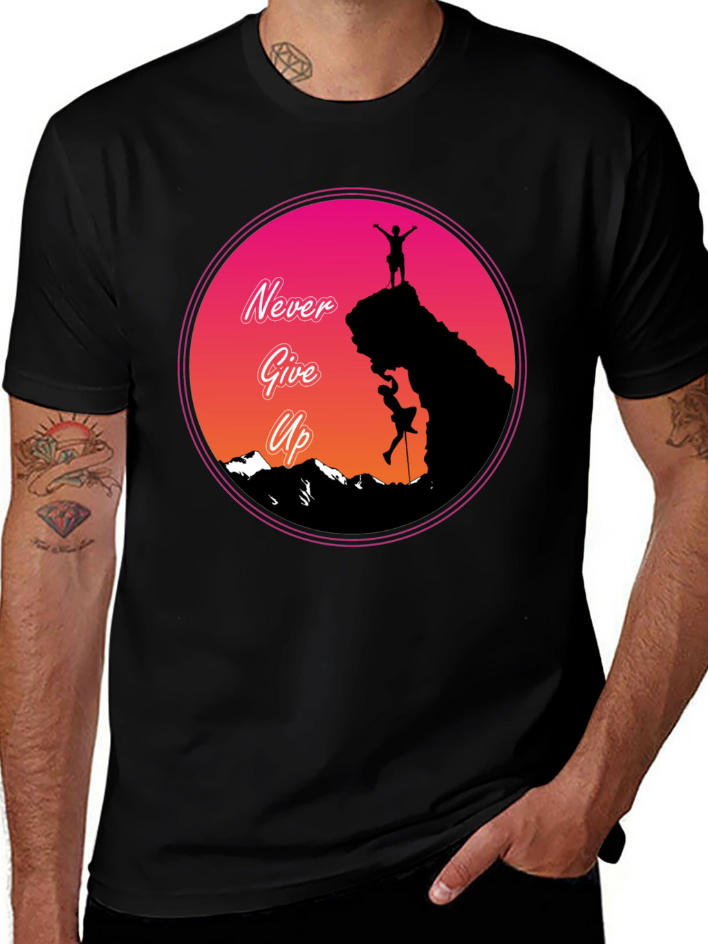 Never Give Up Mountain Climber Graphic T-Shirt