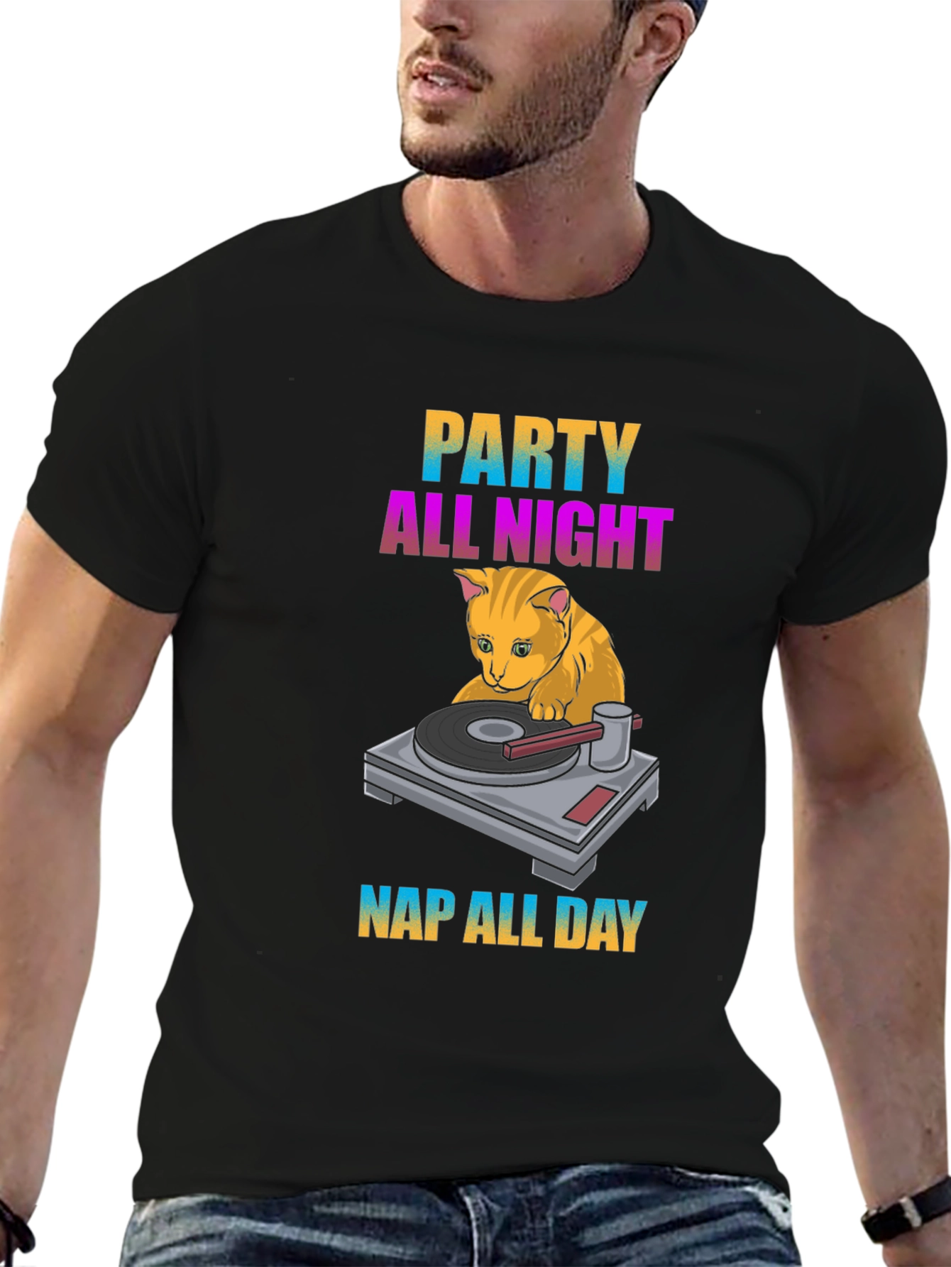 Party All Night Nap All Day Cat T-Shirt
