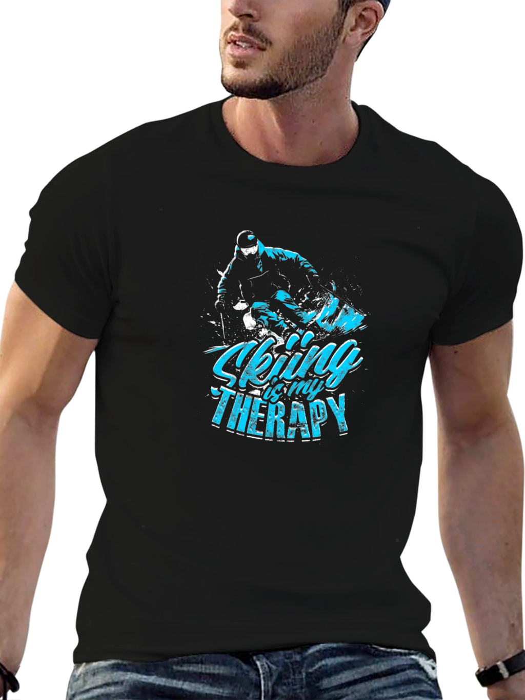 Skiing Therapy Graphic Tee - Black Cotton T-Shirt