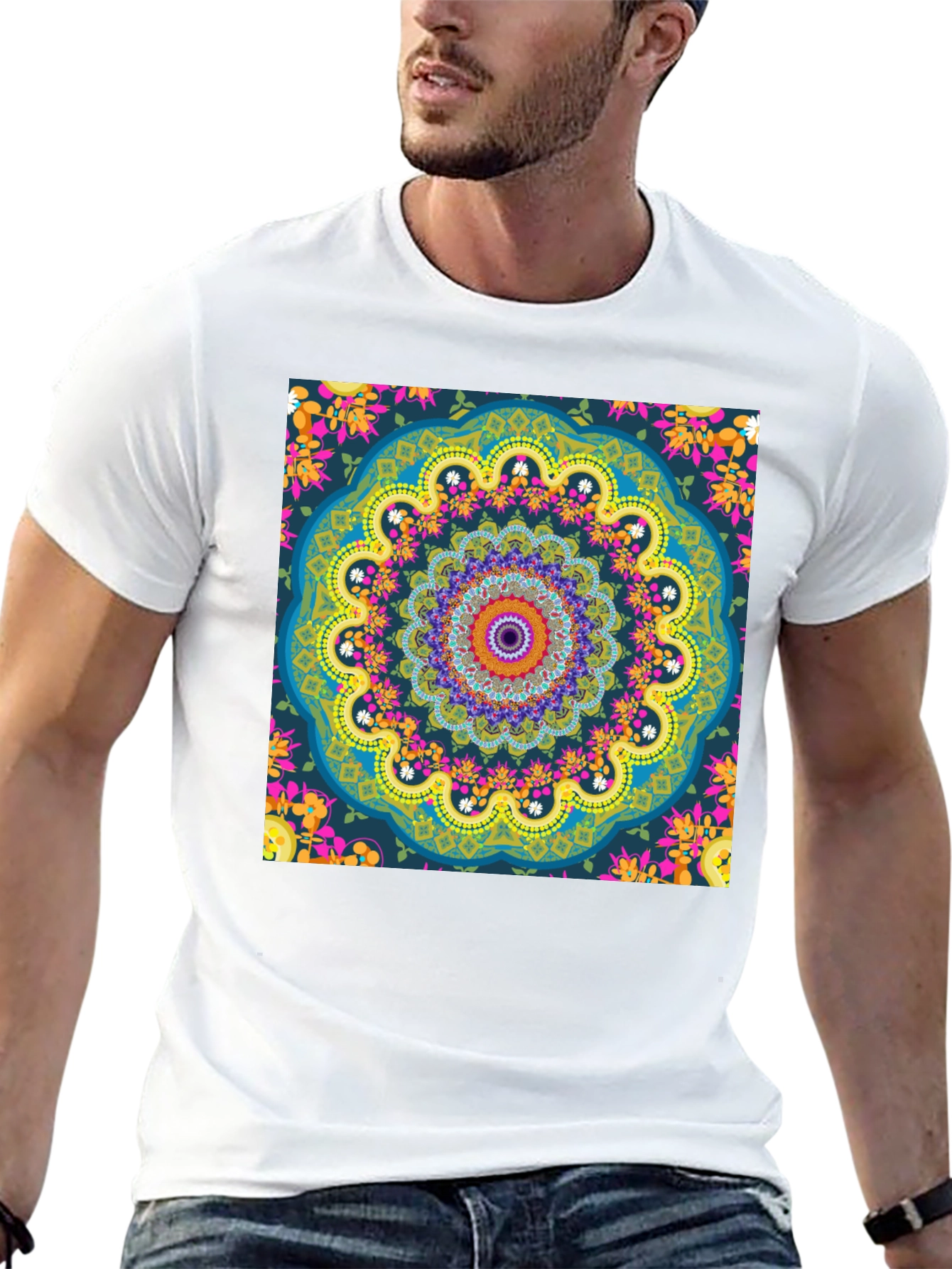 Mandala Print Mens Black T-Shirt
