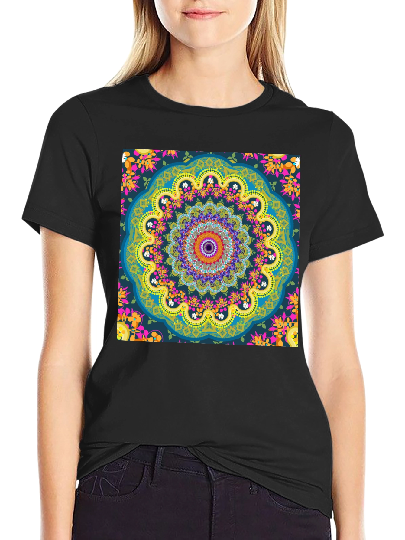 Mandala Print Mens Black T-Shirt