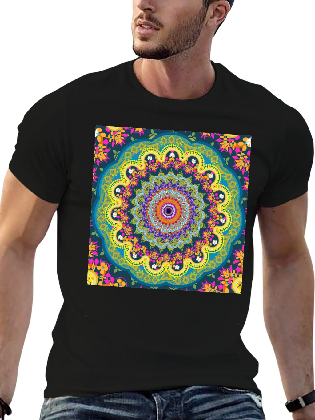 Mandala Print Mens Black T-Shirt