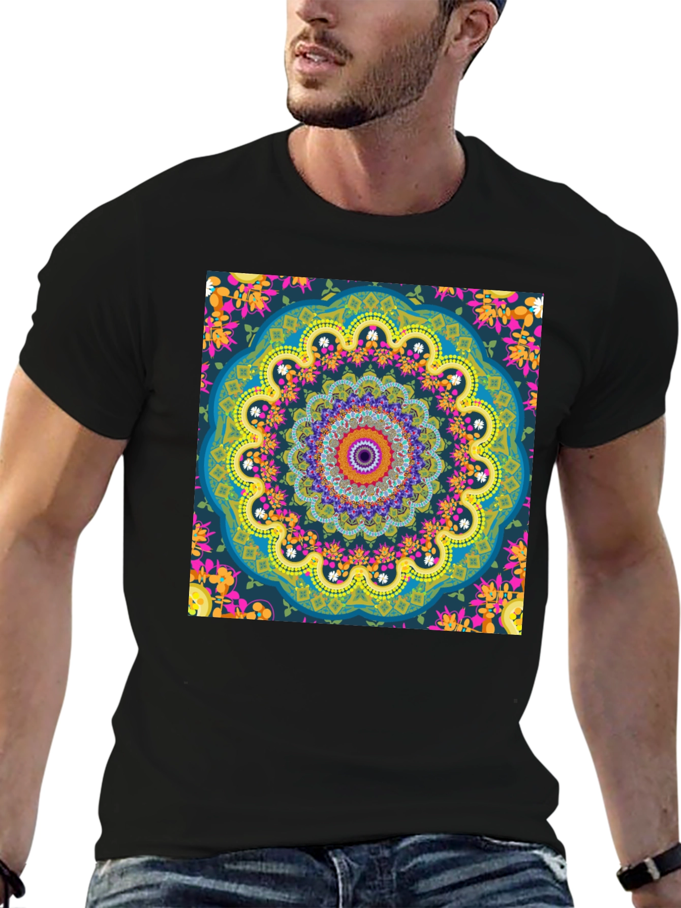 Mandala Print Mens Black T-Shirt