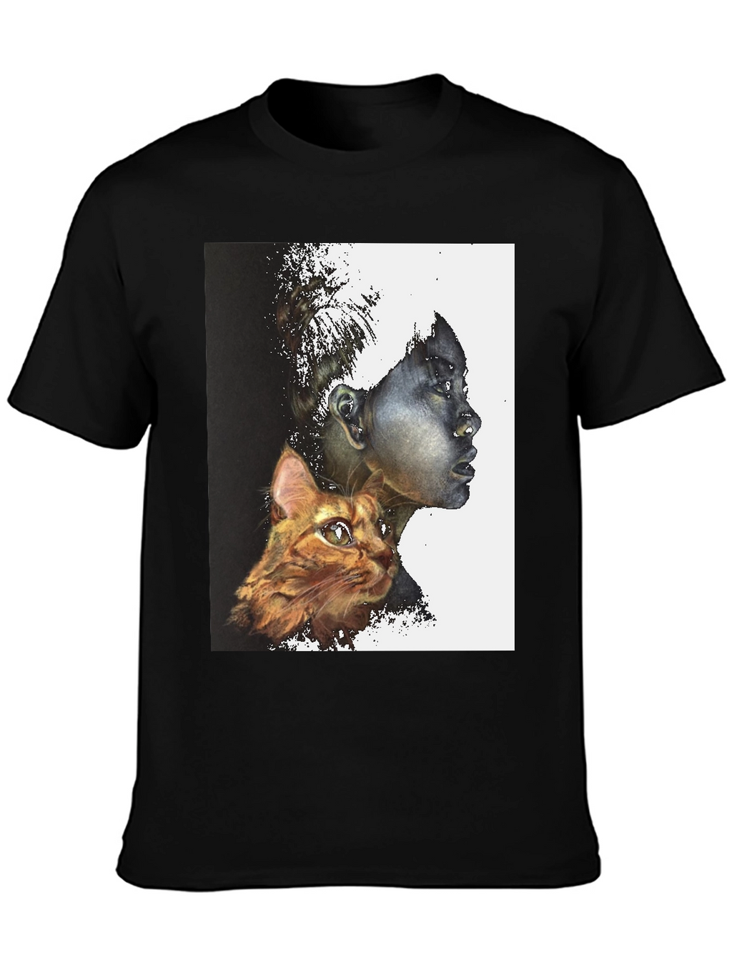 Artistic Woman and Cat Print Black Tee