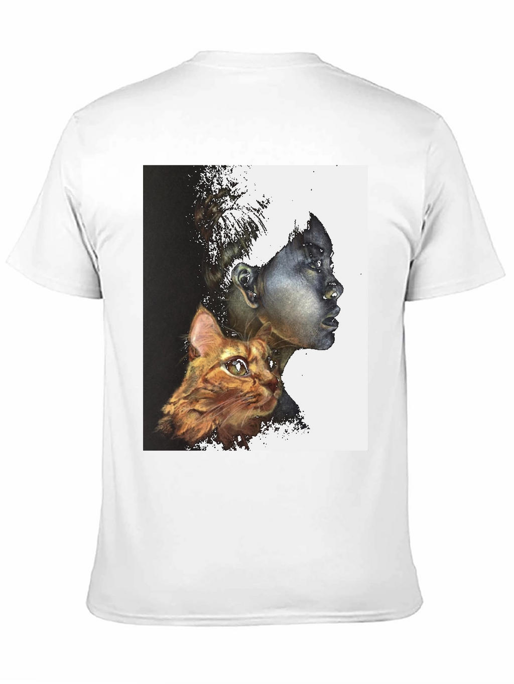 Artistic Woman and Cat Print Black Tee