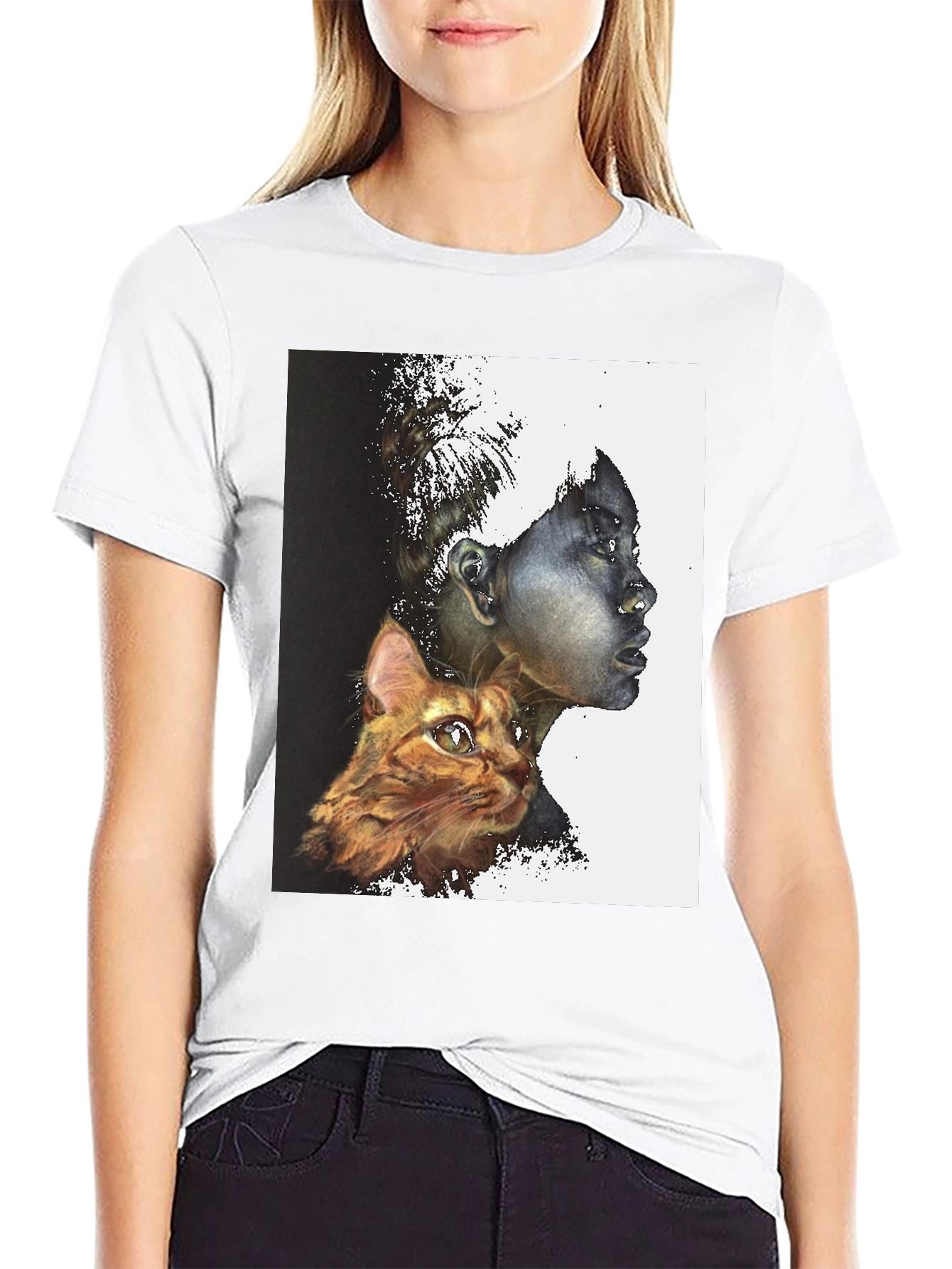 Artistic Woman and Cat Print Black Tee