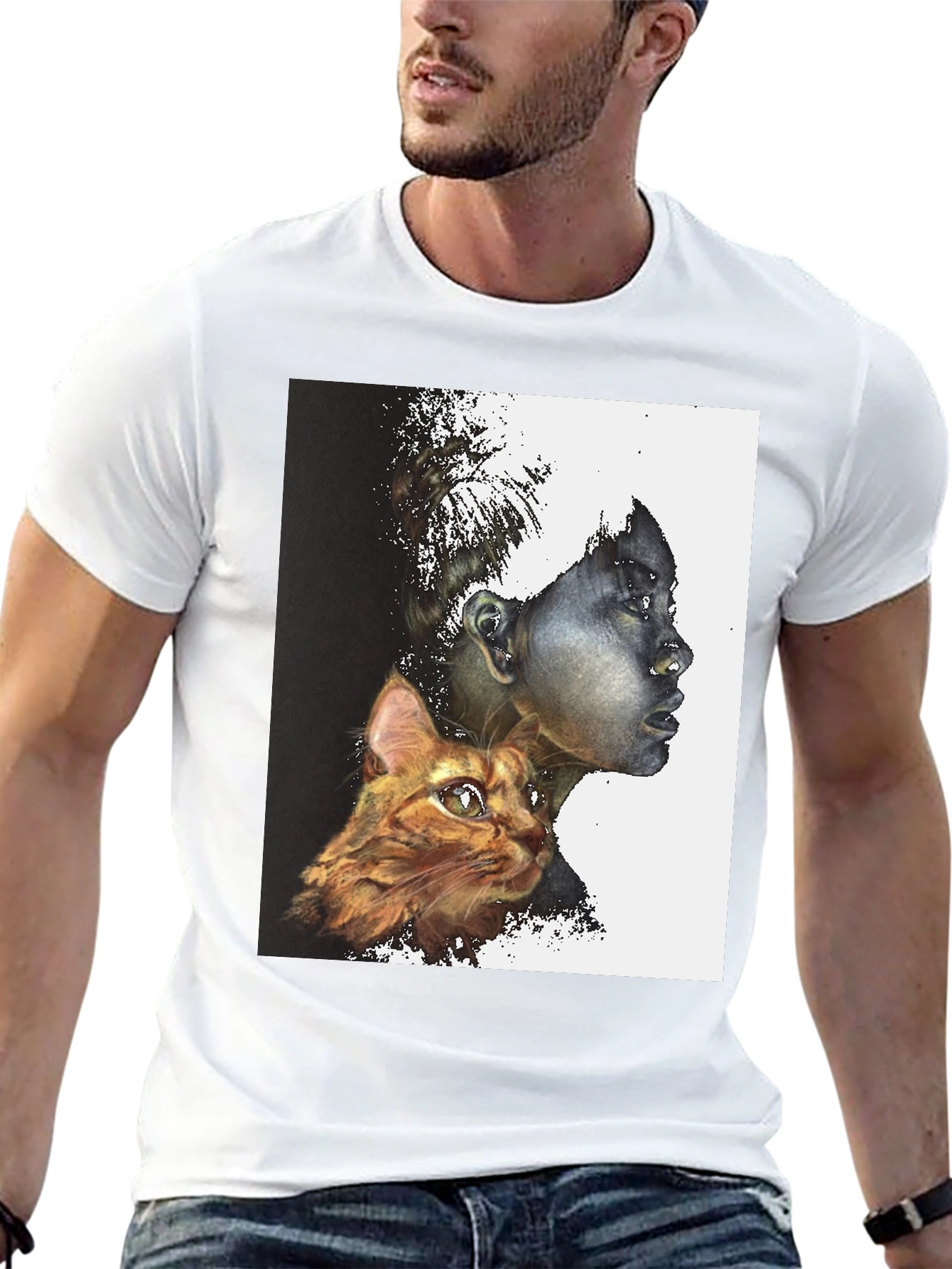 Artistic Woman and Cat Print Black Tee