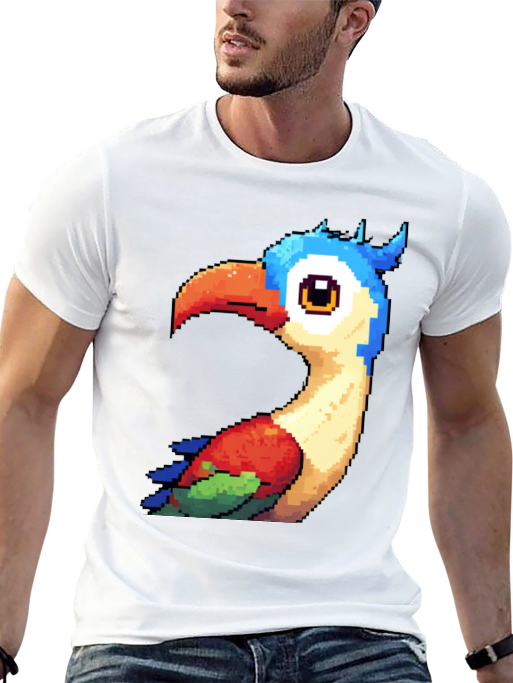 Pixel Art Bird Graphic T-Shirt - Black