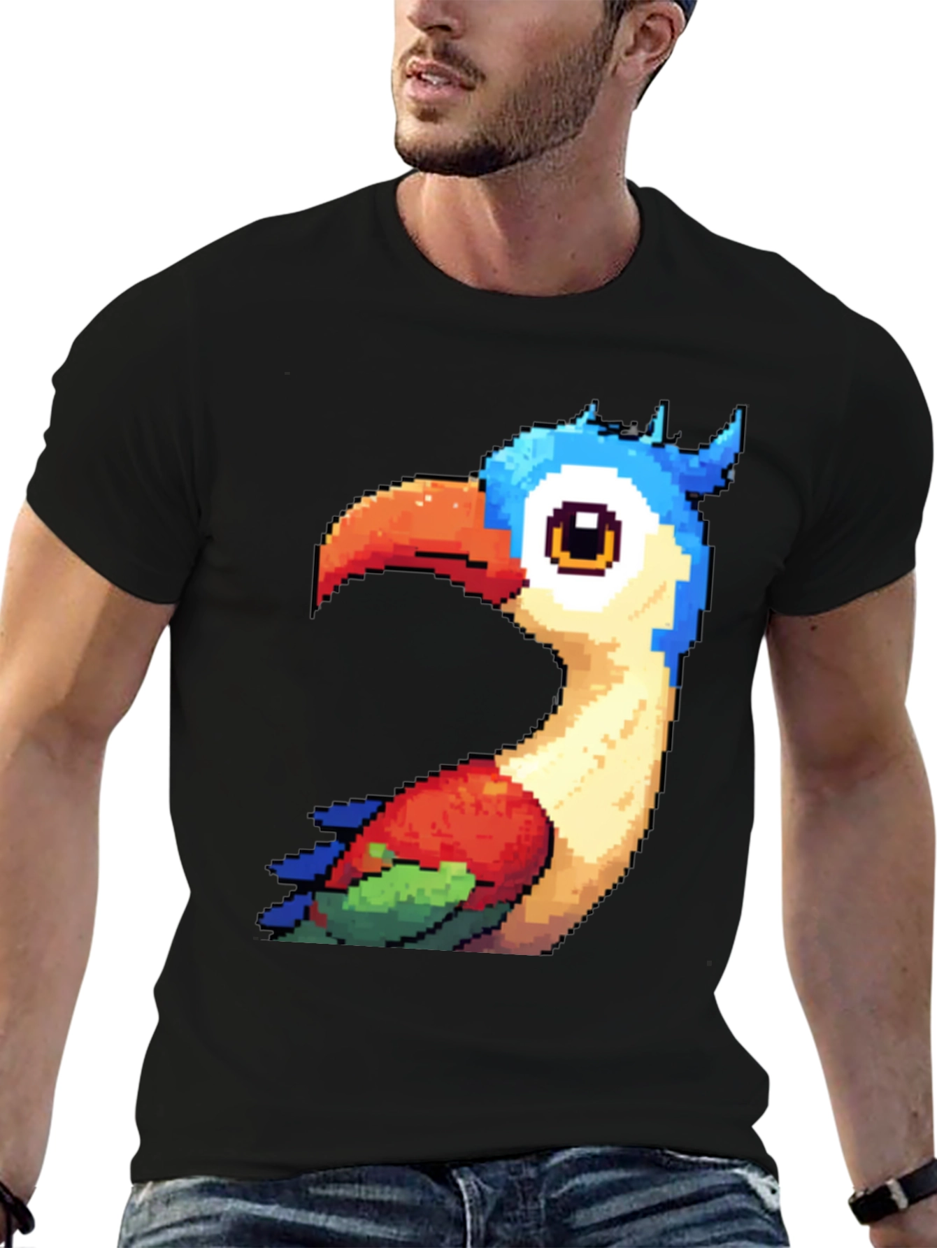 Pixel Art Bird Graphic T-Shirt - Black