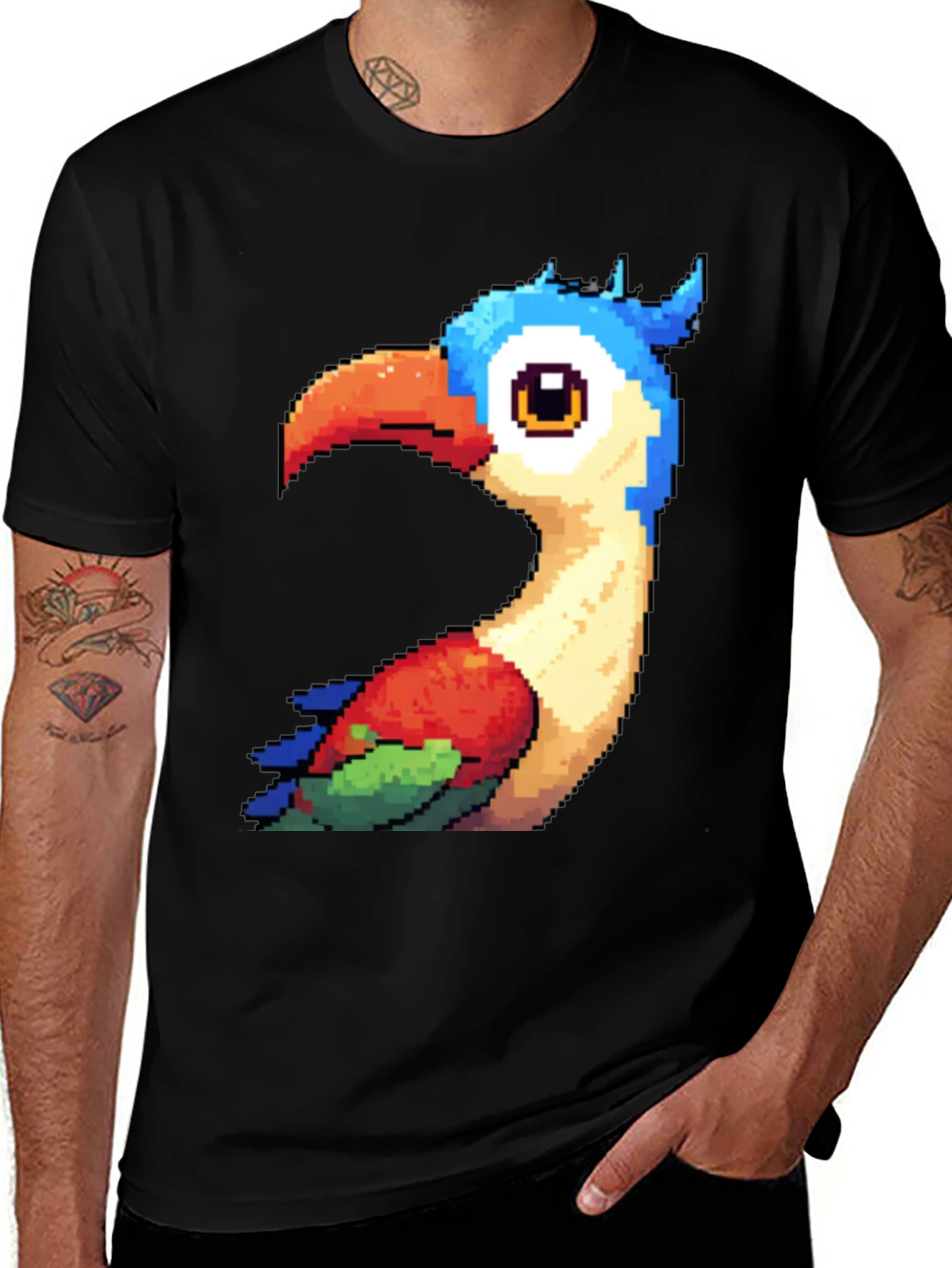Pixel Art Bird Graphic T-Shirt - Black