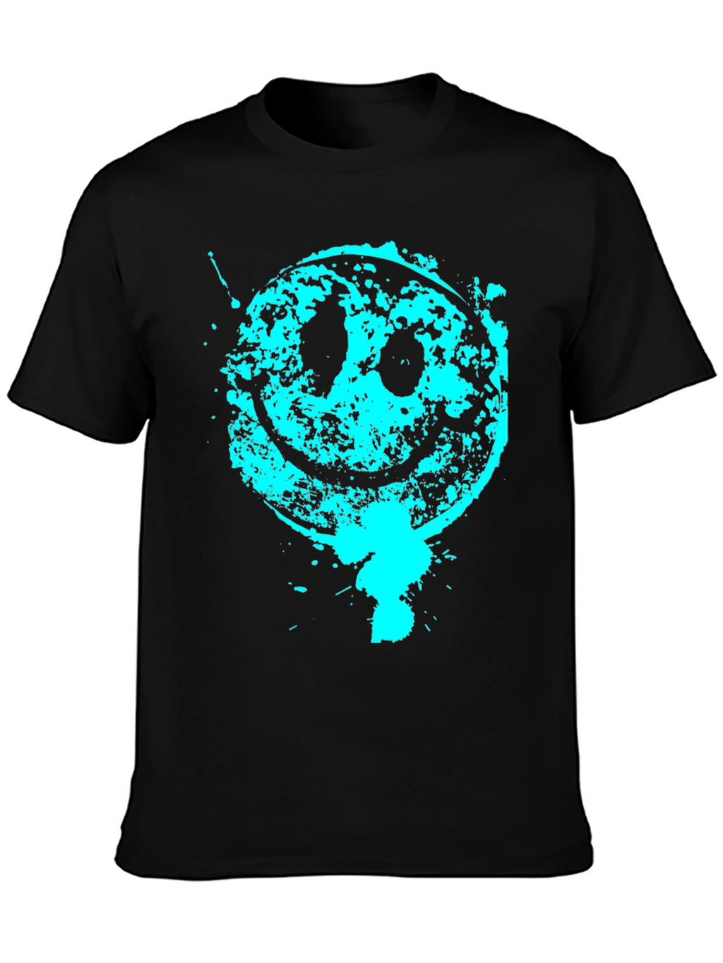 Grunge Smiley Face Graphic Tee - Black Cotton Blend