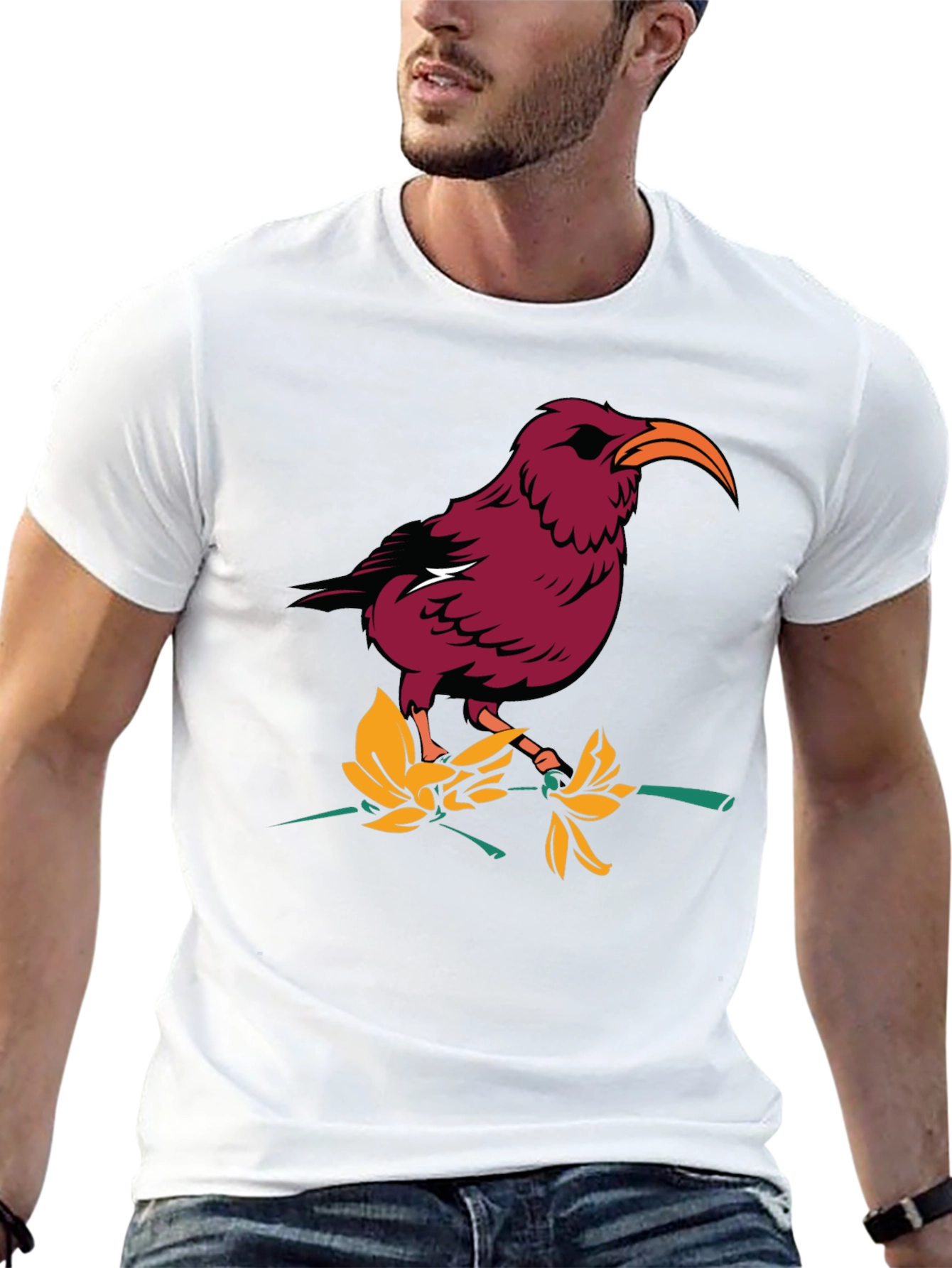 Bird and Flower Graphic T-Shirt - Black