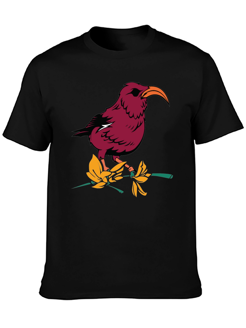 Bird and Flower Graphic T-Shirt - Black