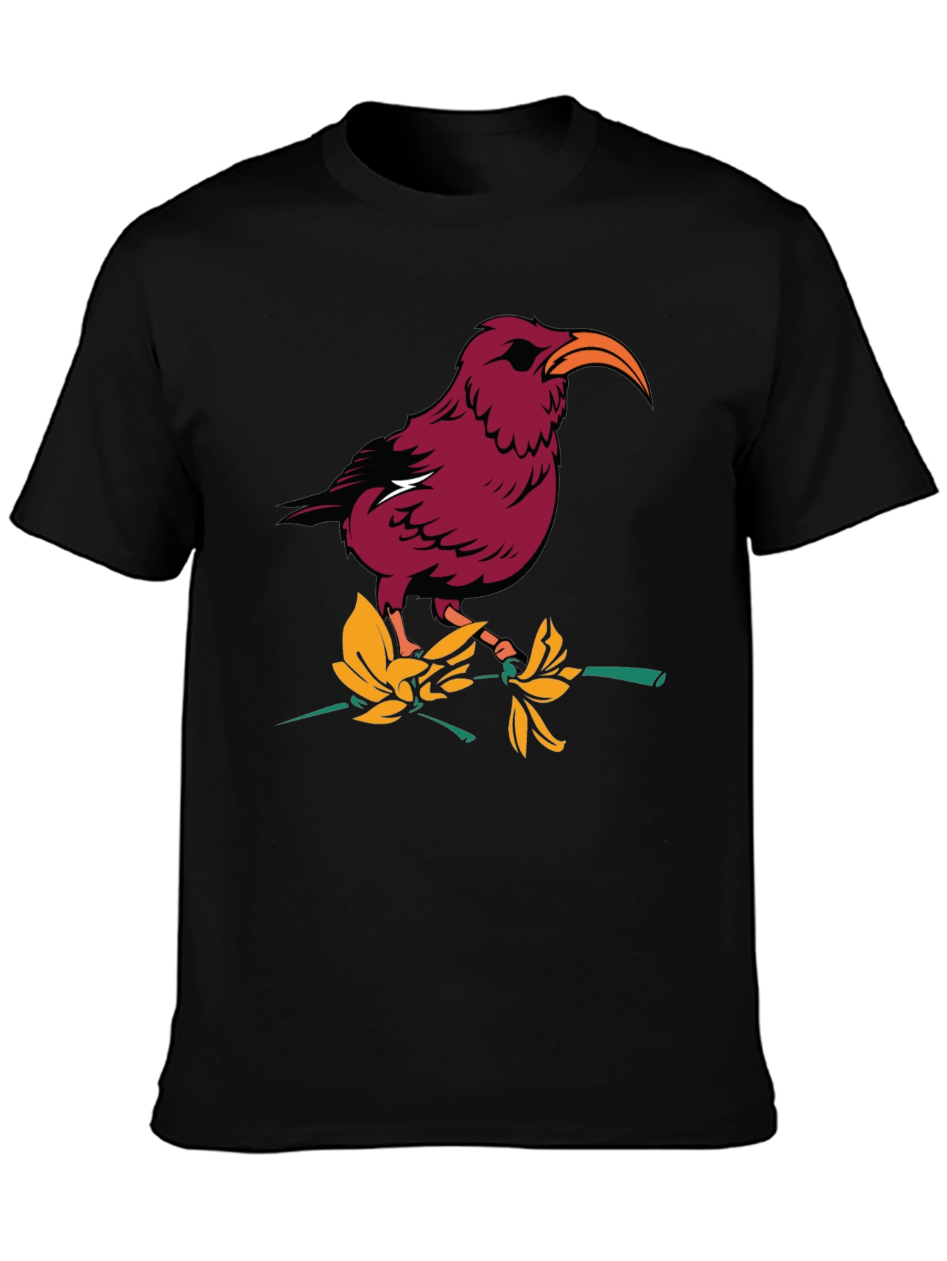 Bird and Flower Graphic T-Shirt - Black
