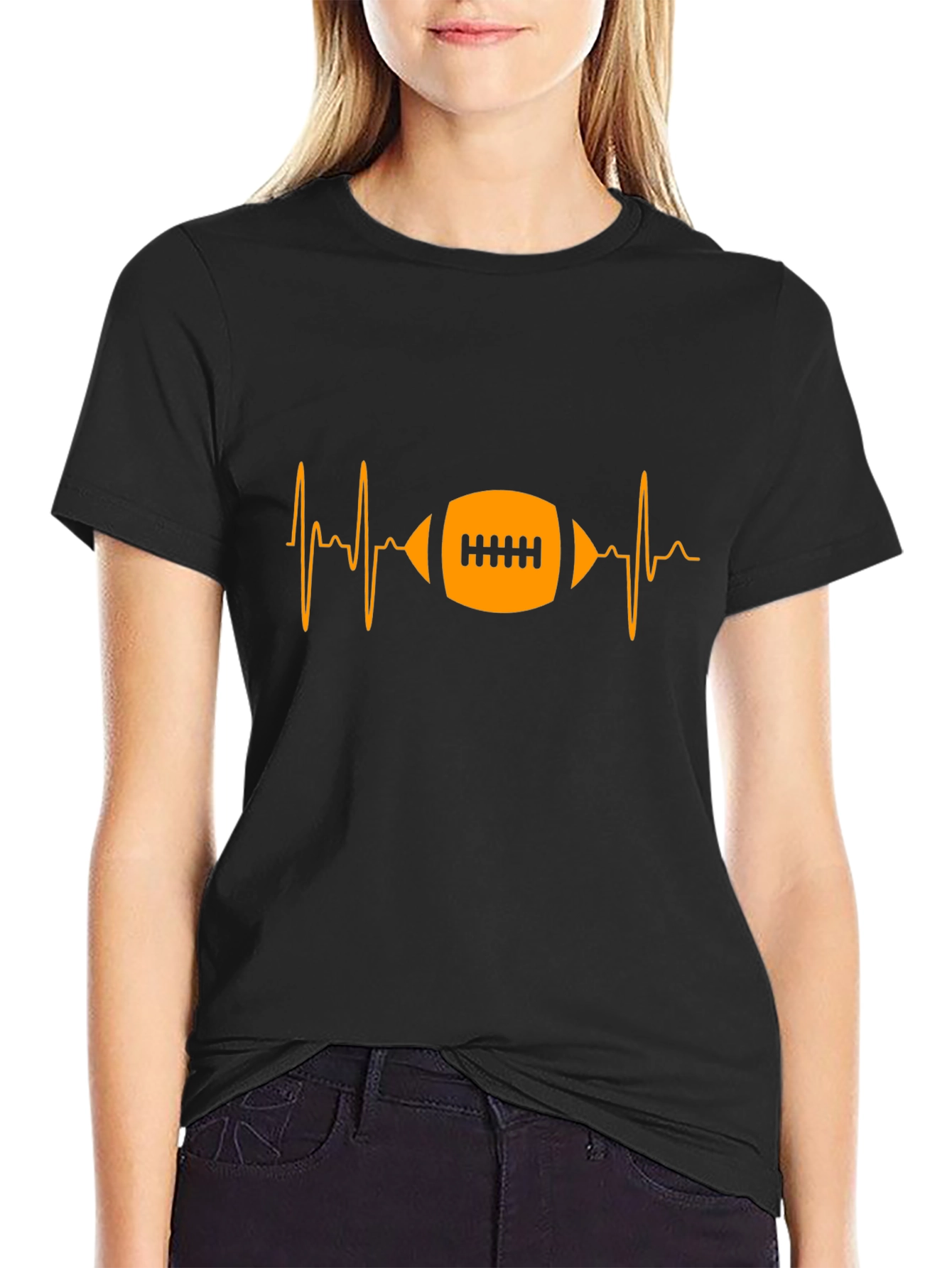 Football Heartbeat Black Graphic T-Shirt