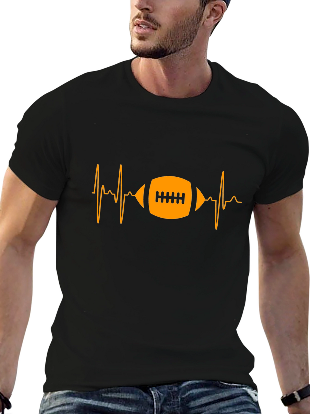 Football Heartbeat Black Graphic T-Shirt