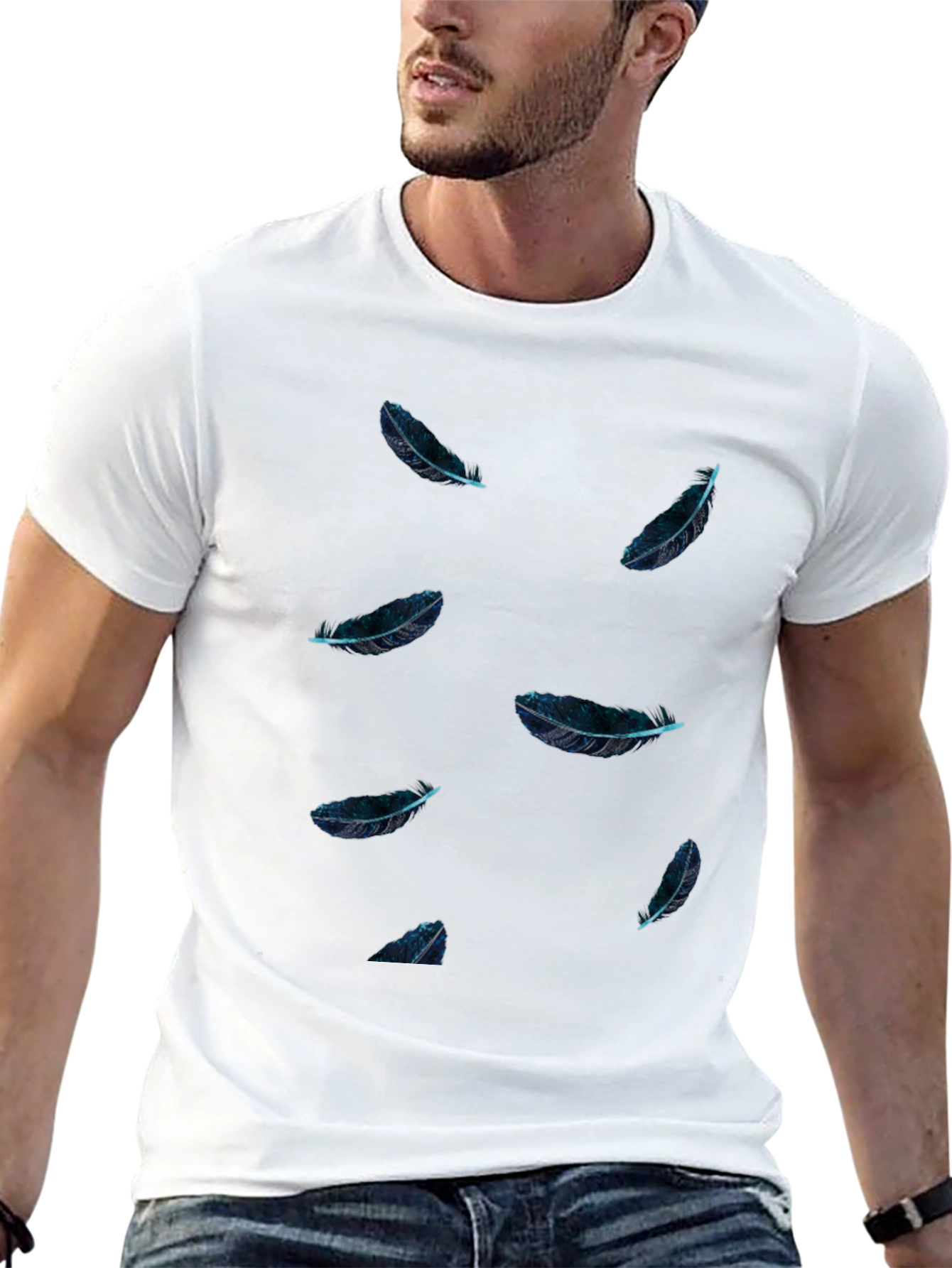 Feather Print Black T-Shirt - Casual Style