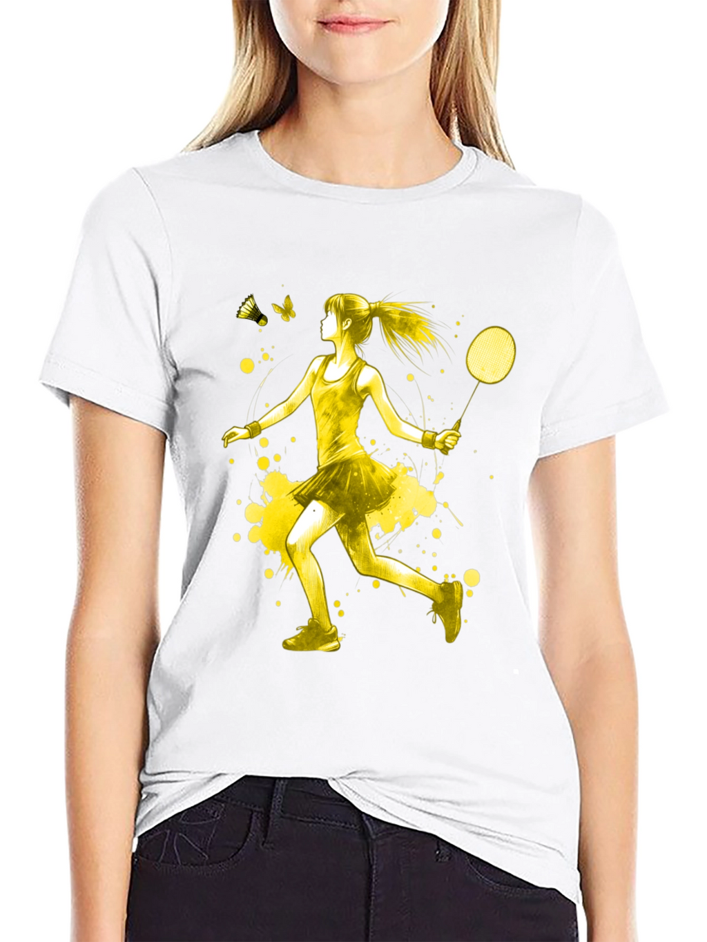 Badminton Player Graphic T-Shirt - Yellow Art Design