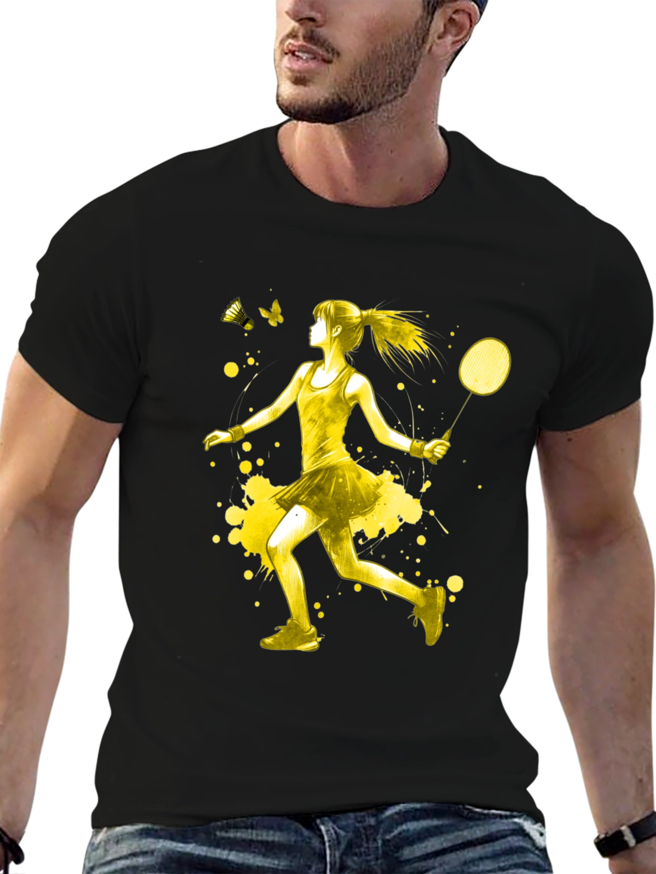 Badminton Player Graphic T-Shirt - Yellow Art Design