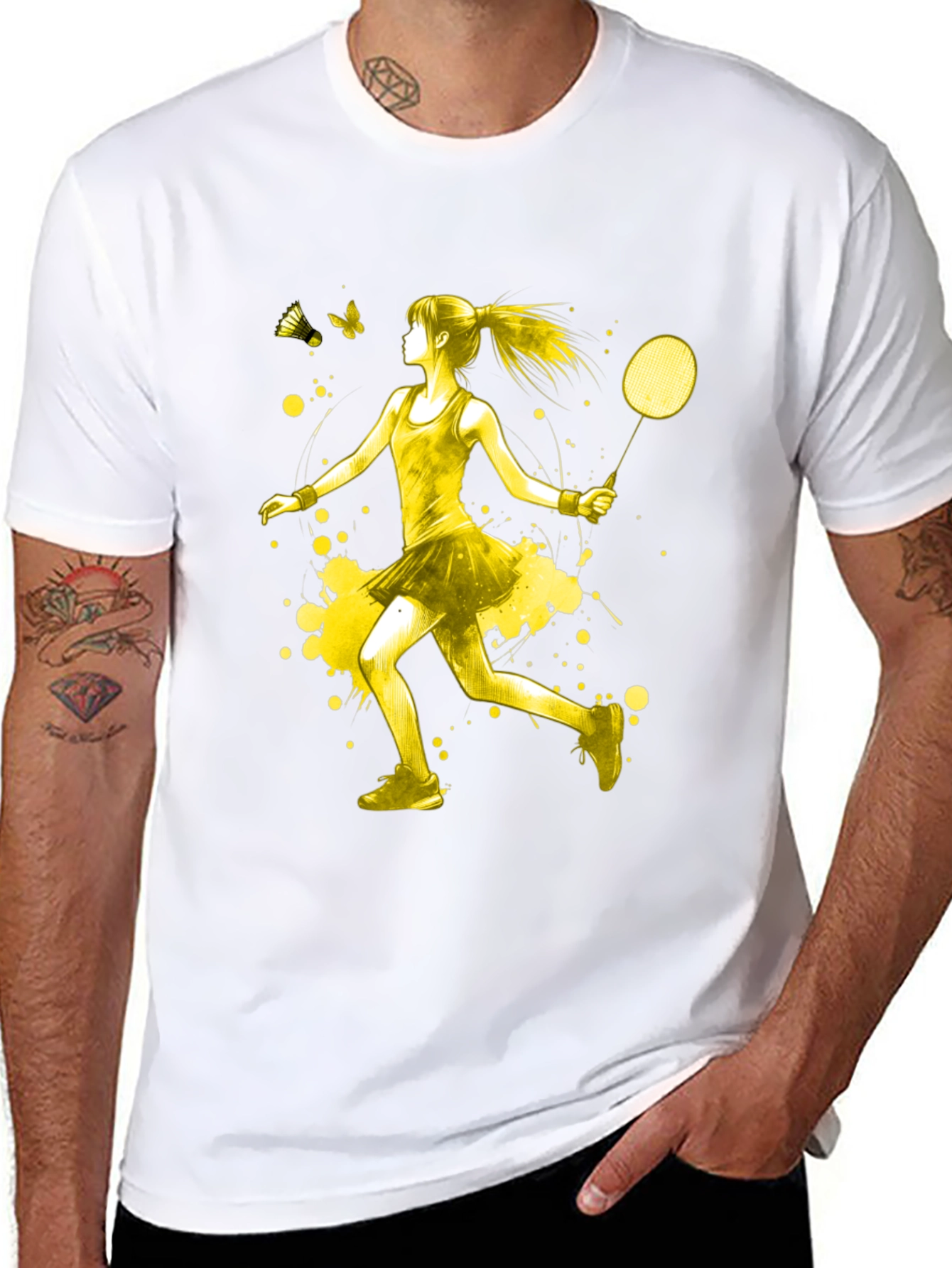 Badminton Player Graphic T-Shirt - Yellow Art Design