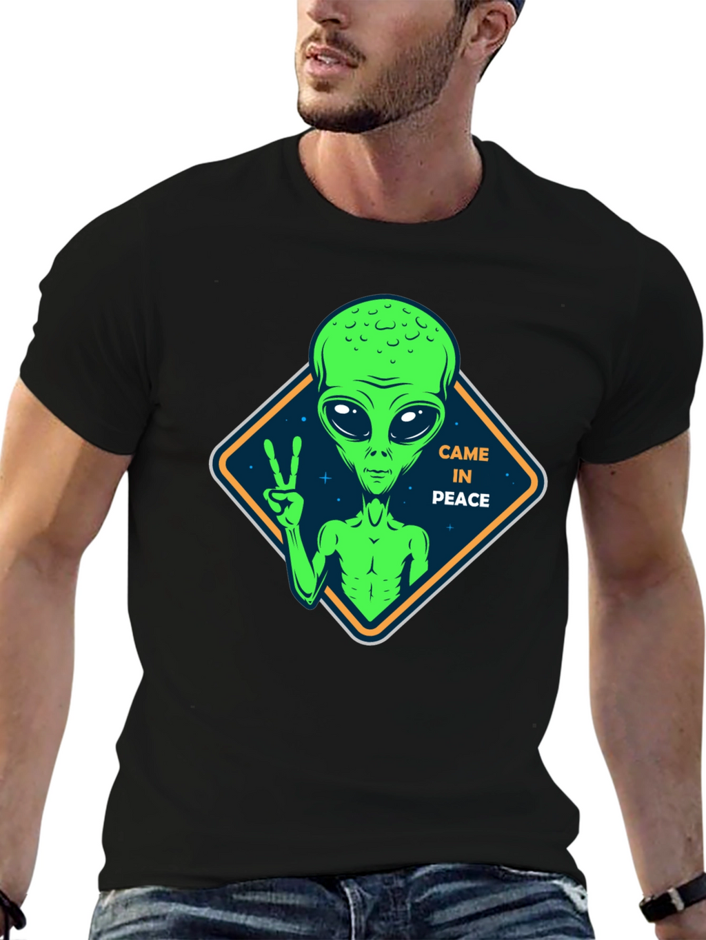 Peaceful Alien Black T-Shirt - Extra Terrestrial Design
